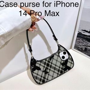 Fashion Plaid Butterfly iPhone 14 Pro Max Case Purse - Black